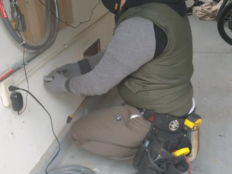 Electrician performing outlet wiring in a Pine Grove garage